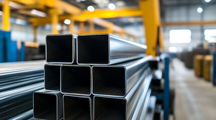 Stacked metal tubes in a factory setting, ready for industrial applications or construction. Close-up showcases square profiles with seamless welds and smooth reflective surfaces.