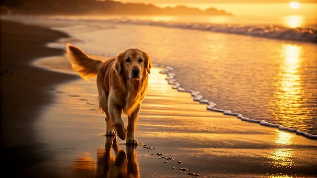 Golden retriever walking dog sunset beach with warm light and reflective wet sand creating peaceful mood golden retriever walking wet beach sunset