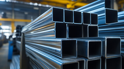 Shiny metal square pipes stacked in a manufacturing facility, ready for construction. Their symmetrical design and industrial context highlight precision and utility.