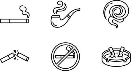 Smoking related line icons set showing cigarette pipe smoke ashtray broken cigarette no smoking symbol health awareness illustration concept design vector © Art_By_Aktarina