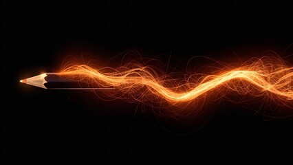 A glowing pencil leaves a vibrant trail of light against a dark background