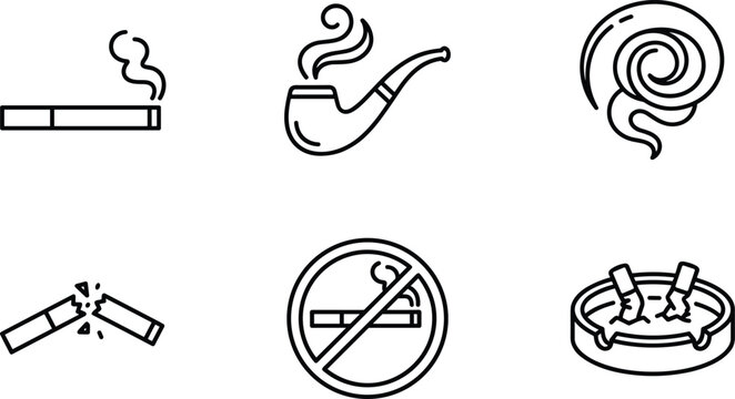 Smoking related line icons set showing cigarette pipe smoke ashtray broken cigarette no smoking symbol health awareness illustration concept design vector