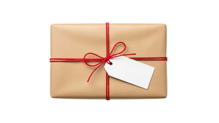 Brown wrapped gift with red ribbon isolated on transparent background