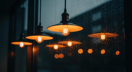 Warmly Lit Pendant Lights Reflecting on a Dark Window Pane.