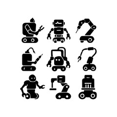 A comprehensive set of robot icons symbolizing modern automation, artificial intelligence, and future technology