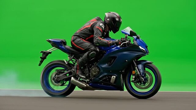 A motorcycle rider in racing gear and helmet leans on a blue sport bike against a green screen background