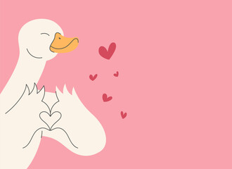 Cute hand drawn duck showing heart. Happy duck making a heart shape with wings. Vector illustration