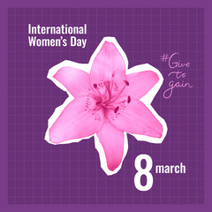 International Women's Day postcard with halftone lily. Collage with a flower. Give to gain concept. Vector illustration