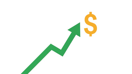 A green arrow pointing upwards towards a golden dollar sign on a white background, symbolizing financial growth
