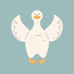 Cute hand drawn duck spreads its wings. Happy doodle duck. Vector illustration