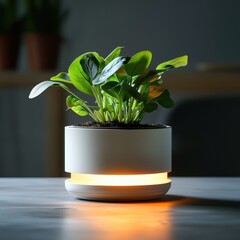 Modern plant pot with built-in lighting and base.