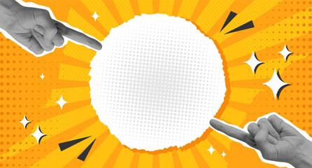 Pop art style collage background with halftone pointing hands. Vector illustration