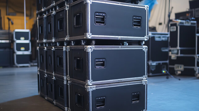 A stack of black road cases sits on a gray floor, ready for equipment. These cases provide secure and efficient transport for valuable items, keeping them safe.