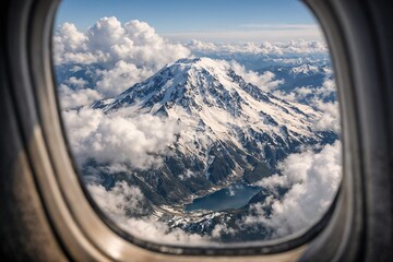 Aerial view of Mount Fuji with snow-capped summit seen through airplane window