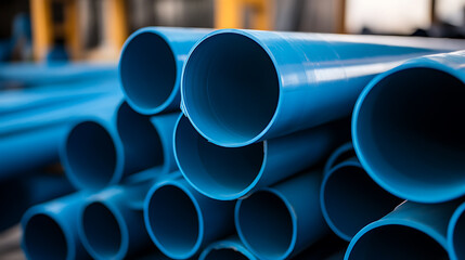 A close-up of stacked blue pipes, creating a repetitive pattern. The pipes vary in shadow and light, emphasizing their cylindrical shapes and the depth of the stack.
