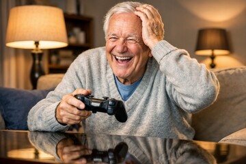 Joyful senior man playing video games at home, laughing with a game controller in hand, cozy living room interior with warm lighting, casual grey sweater, cheerful and relaxed atmosphere