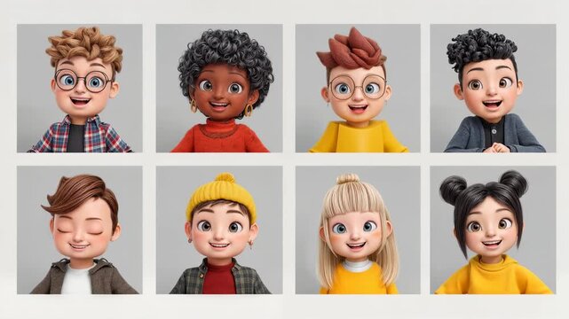 Grid of cute cartoon children with expressive faces and colorful clothes representing diversity friendship and playful imagination for education games and kids branding projects