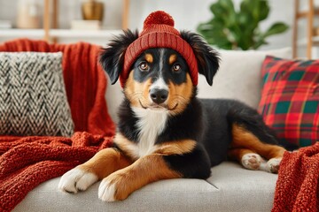 Cute puppy wearing a red knit hat lounging on a sofa with cozy blankets