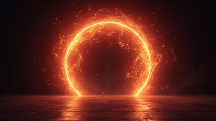 A glowing orange circle of light stands out against a dark background with a tiled floor