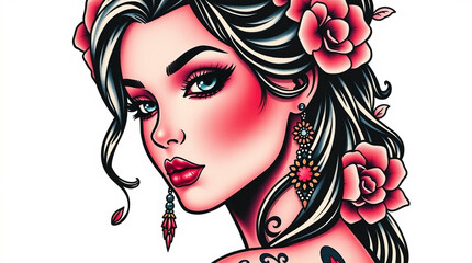 An AI symbolic traditional tattoo art print with vibrant, complementary colors depicting a beautiful girl with pinkish skin and shiny black makeup