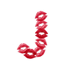 typography piece reveals a capital Letter "J" through clever negative space. The form emerges from the precise gaps between a cluster of vibrant red lipstick kiss marks on whiter background