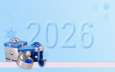 3d Christmas card, with lettering 2026 and place for greeting text. Assorted Christmas baubles, snowflakes and gift boxes. Shades of blue. 3D render.