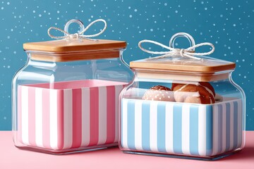 Pastel striped cookie jars with wooden lids and ribbons in a bright modern kitchen scene