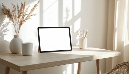 Fototapeta premium Scandinavian style workspace with tablet mockup on a light wooden desk, soft natural sunlight and minimal decor creating a clean modern interior for branding or digital screen presentation.