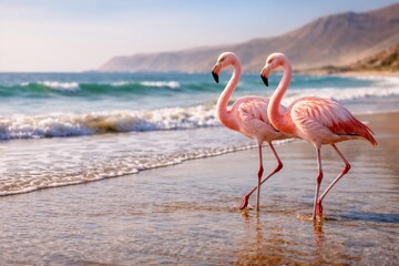 Obraz premium Two pink flamingos wading along the shoreline with ocean waves and mountainous landscape in the background