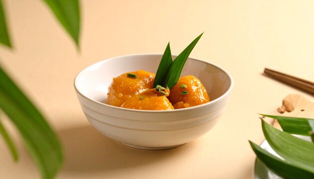 Simple bowl of kolak pisang, traditional Indonesian banana dessert in coconut milk, served without garnish in minimalist style, warm tones and clean background.