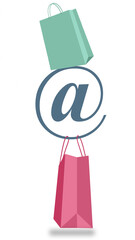 Shopping bags are seen with an @ symbol to signify shopping online at your favorite e-commerce website.  This is a 3-d illustration.