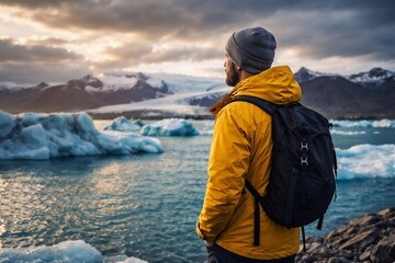 Male traveler in yellow jacket and gray beanie looking at glacial landscape with icebergs and mountains during a cloudy sunset
