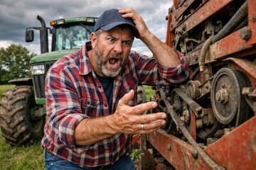 Frustrated Male Farmer Checking Mechanical Equipment on Farm Field, Expressing Concern or Confusion, Outdoor Rural Agricultural Scene with Tractor