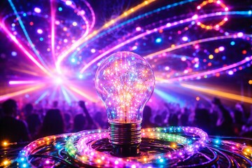 Creative glowing light bulb surrounded by colorful electric light trails at night with a blurred crowd background