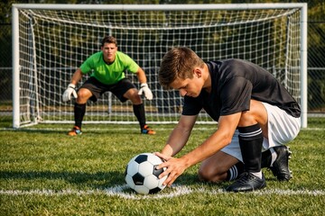 Young male soccer player preparing to take a penalty shot in front of goalkeeper on a grass field