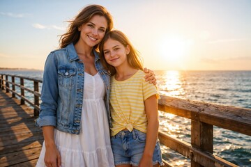 Happy Mother and Daughter Smiling Together on a Sunset Walk Along a Wooden Pier by the Ocean