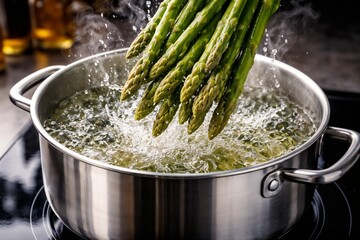 Fresh Green Asparagus Being Boiled in a Stainless Steel Pot on a Stove