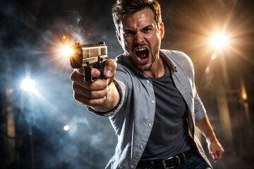 Intense Young Man with a Gun in a Dramatic Action Scene, Expressing Anger and Aggression in Low Light with Bright Spotlights