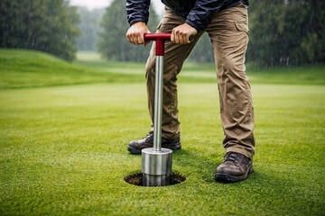 Man Using a Mallet to Fix a Hole on a Golf Course Green