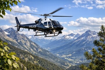 Police helicopter in flight over mountainous landscape with snow-capped peaks and lush green forests