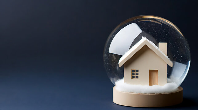 Winter Dream Home: A cozy model house sits inside a snow globe, evoking feelings of warmth and security. Perfect for holiday memories and new beginnings.