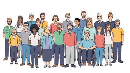 Diverse group of people standing together in a community setting viewed from the front