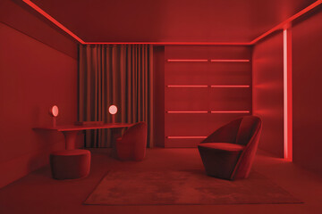 Monochromatic Red Interior Design with Modern Furniture and Neon Lighting
