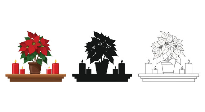 Poinsettia plant with candles in color silhouette and line art versions
