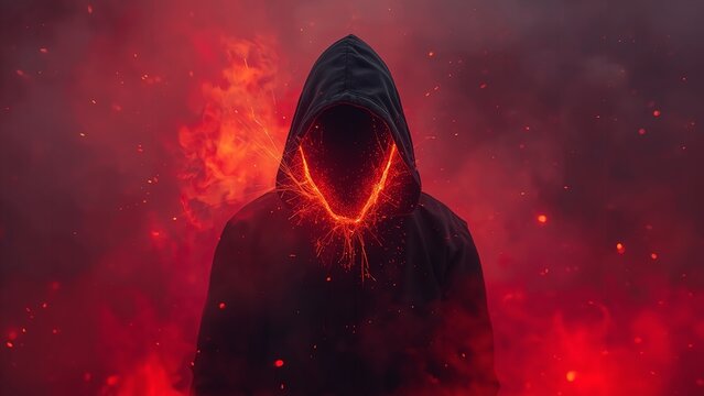 A mysterious hooded figure with glowing red eyes stands in a smoky fiery environment