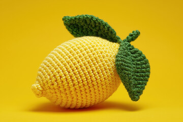 Crocheted yellow lemon with green leaves isolated on yellow background. 