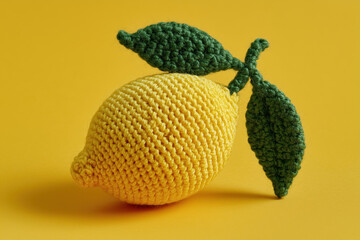 Crocheted yellow lemon with green leaves isolated on yellow background. 