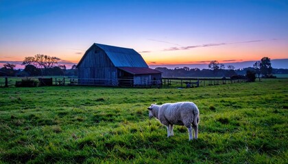 Sheep stands in green grassy field beside rustic barn at dawn with colorful sky and warm light illuminating the peaceful countryside landscape
