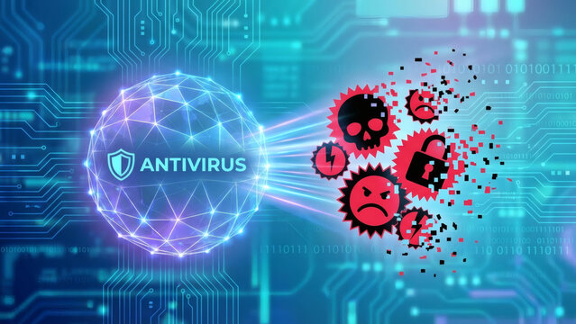 Antivirus protection blocking malware and computer viruses on digital network interface, cybersecurity defense, threat detection, and data protection concept - Powered by Adobe