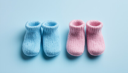 Two pairs of tiny knitted baby booties, one blue and one pink, sit on a soft light blue background. These small foot covers are perfect